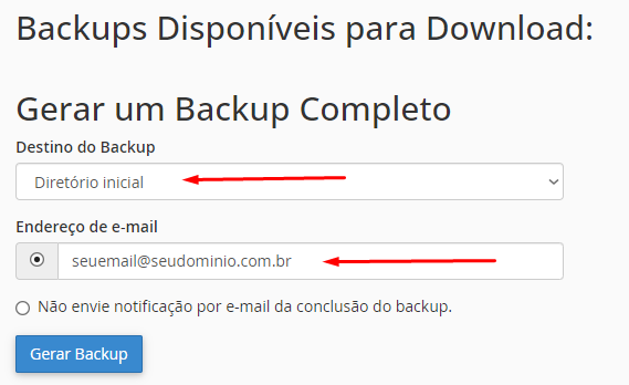 Backup completo assistente de backup cPanel