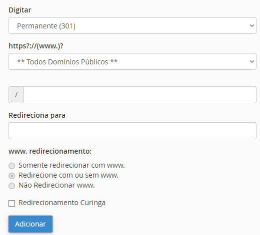 Detalhes redirecionamento cPanel
