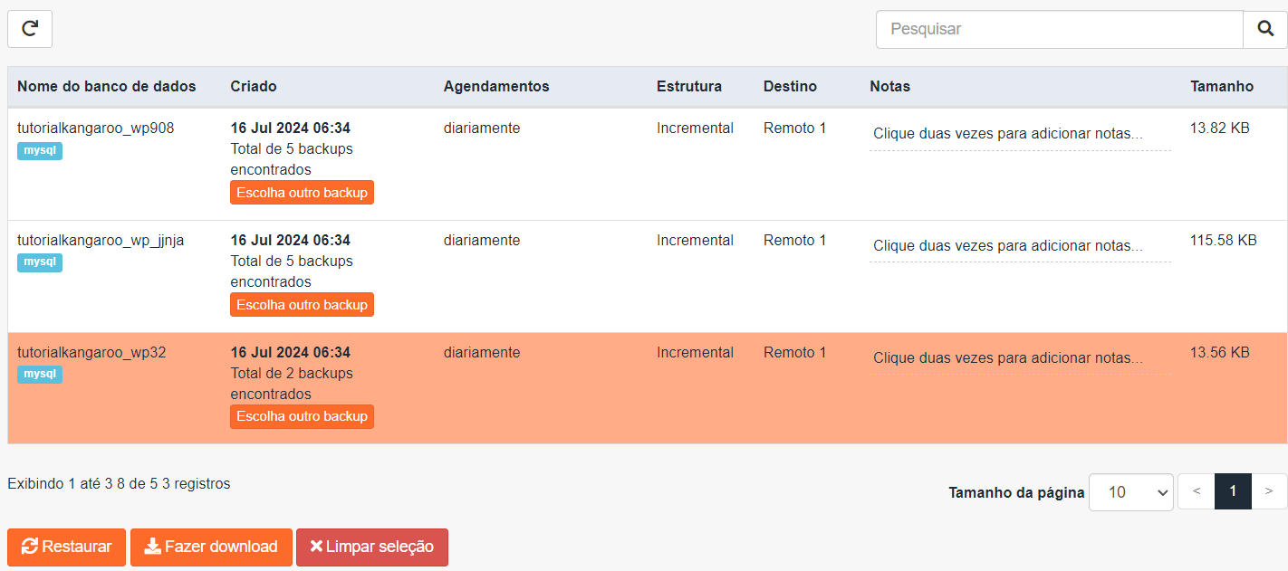 Escolha do backup banco de dados para restauracao JetBackup