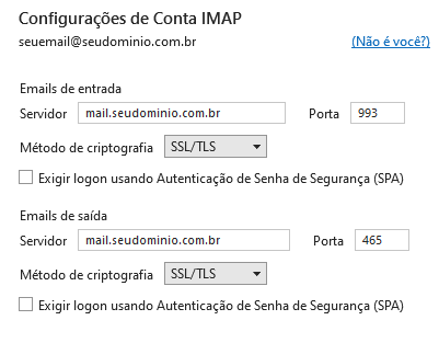 Dados dos servidores de email no Outlook