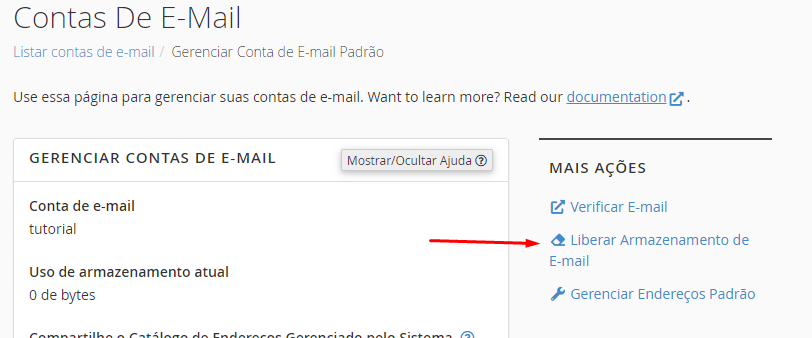 Liberar armazenamento ao limpar e-mail cPanel