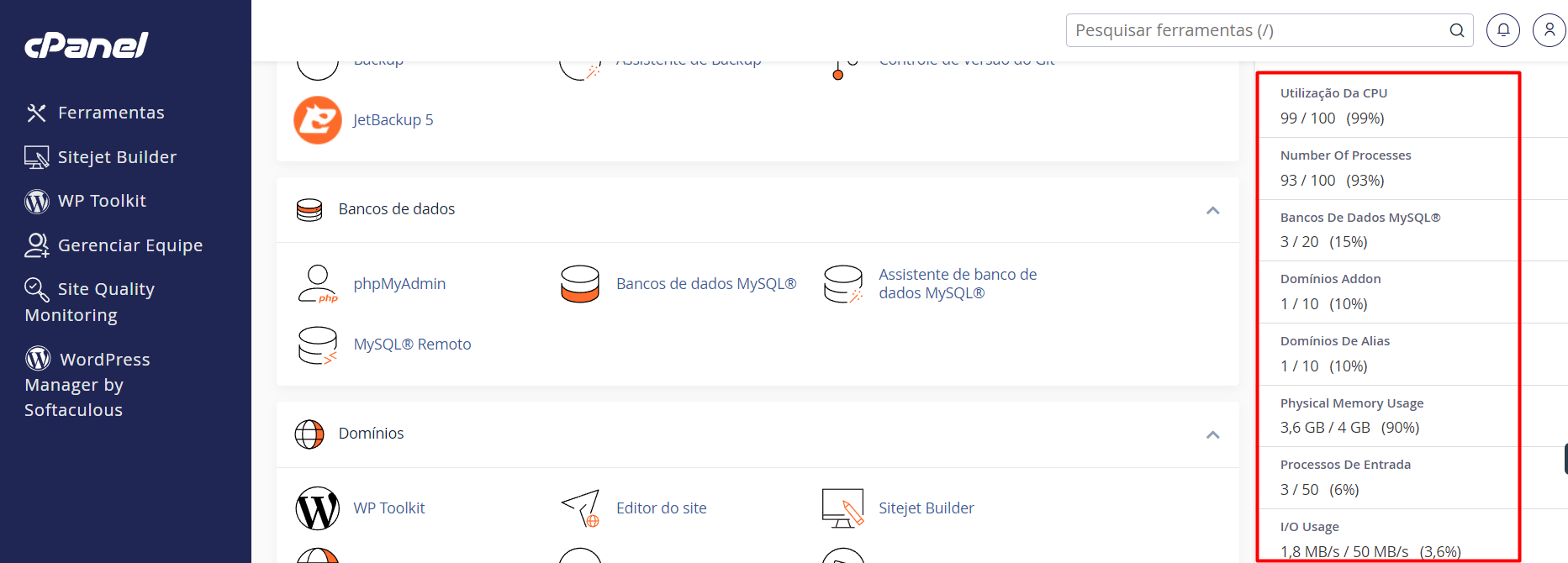 Consumo de recursos da hospedagem CloudLinux