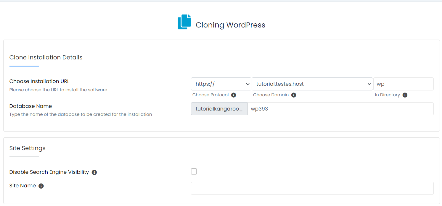 Detalhes instalacao clone Wordpress Softaculous