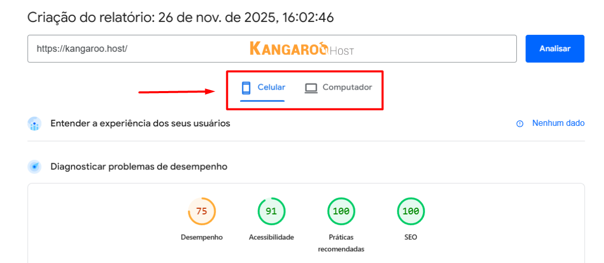 Relatório mobile PageSpeed Insights do Google