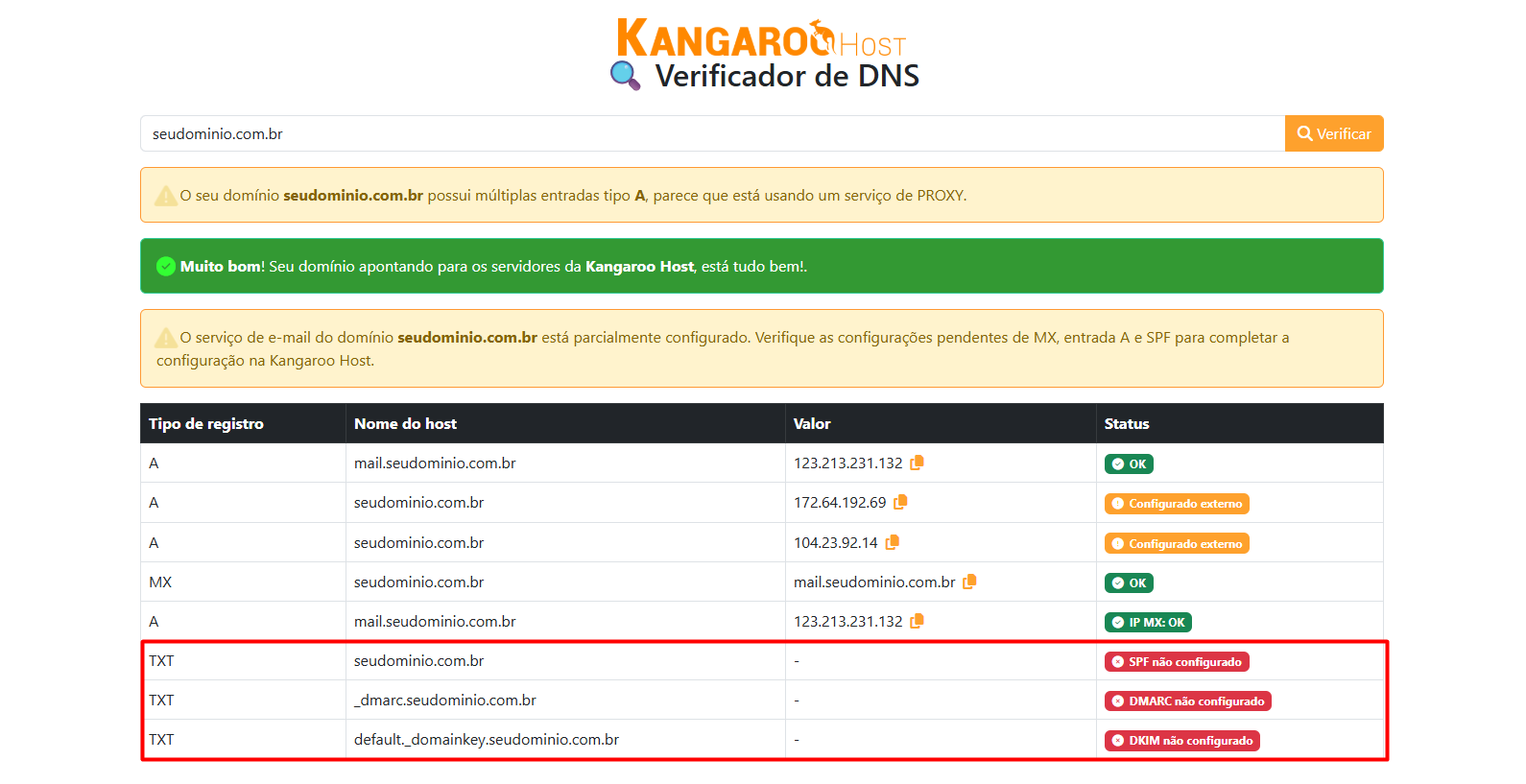 Entradas de um domínio, SPF, DKIM e DMARC em falta
