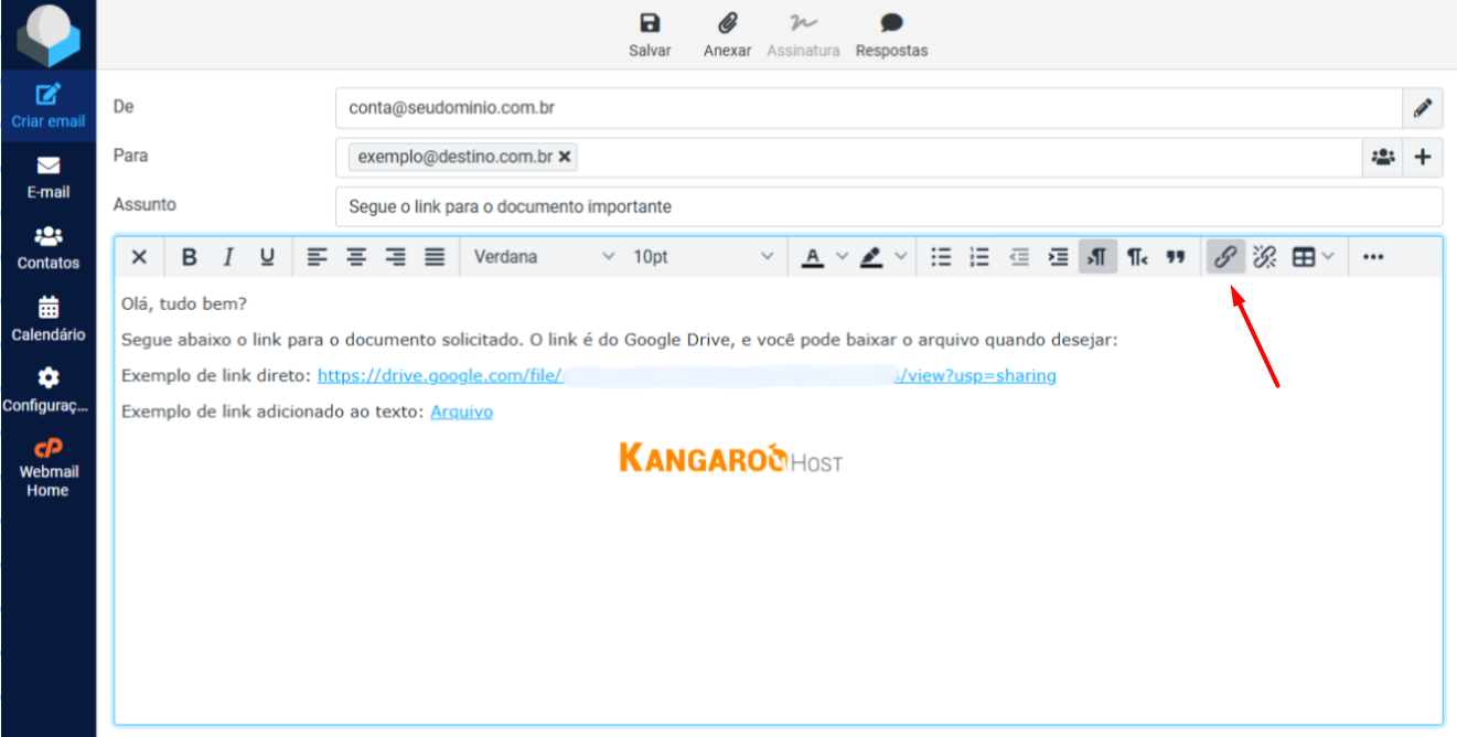 Webmail (Roundcube) com mensagem de exemplo com arquivos em links.